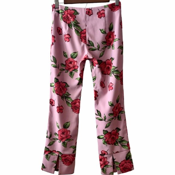 Jesus Diamante Womens Pink Allover Red Roses Back Slit Cuff Straight Pants XS - Picture 2 of 11